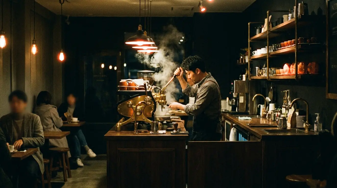 Marketing for cafés and restaurants — barista pulling espresso in a moody café at night