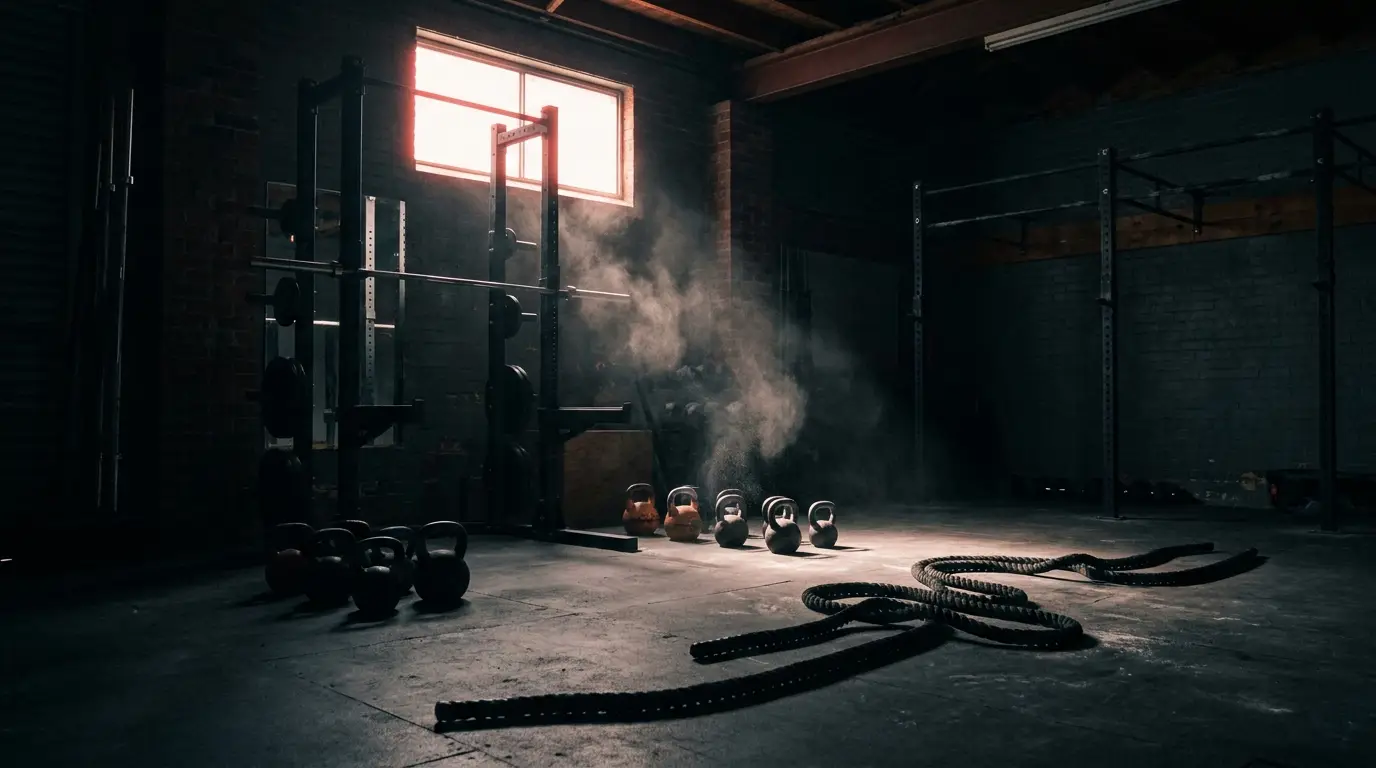 Marketing for gyms and fitness studios — dark training studio with kettlebells and battle ropes