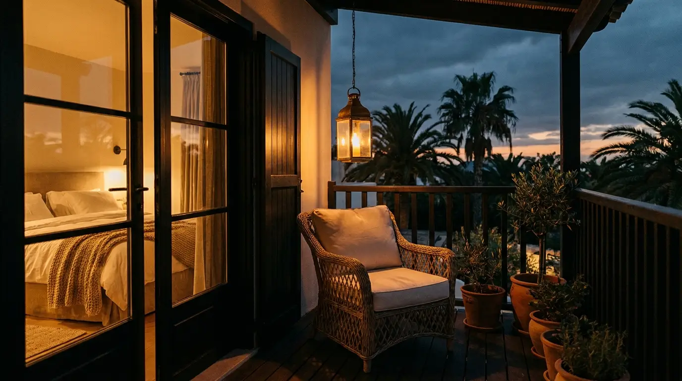 Marketing for hotels and stays — boutique hotel balcony at dusk with warm lantern light