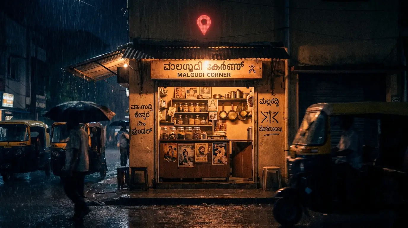 Local SEO services in India — glowing neighbourhood shopfront at night with map-pin light