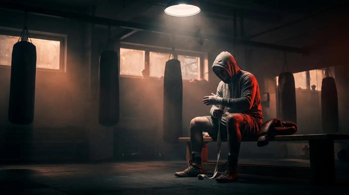 SEO for gyms — athlete wrapping hand wraps under a spotlight in a dark boxing gym at dawn