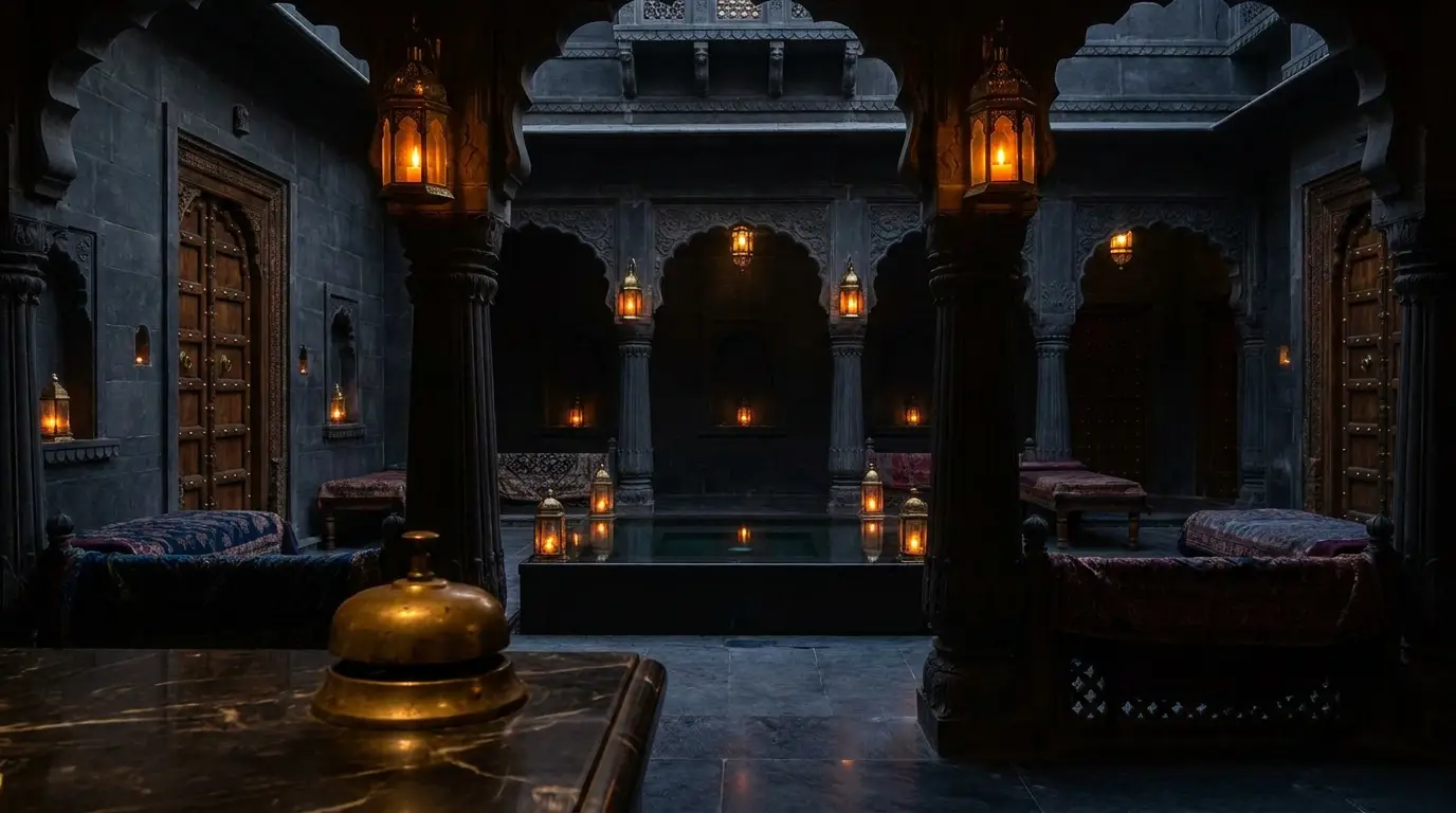 Hotel SEO services in India — boutique Indian heritage hotel courtyard at dusk with brass reception bell