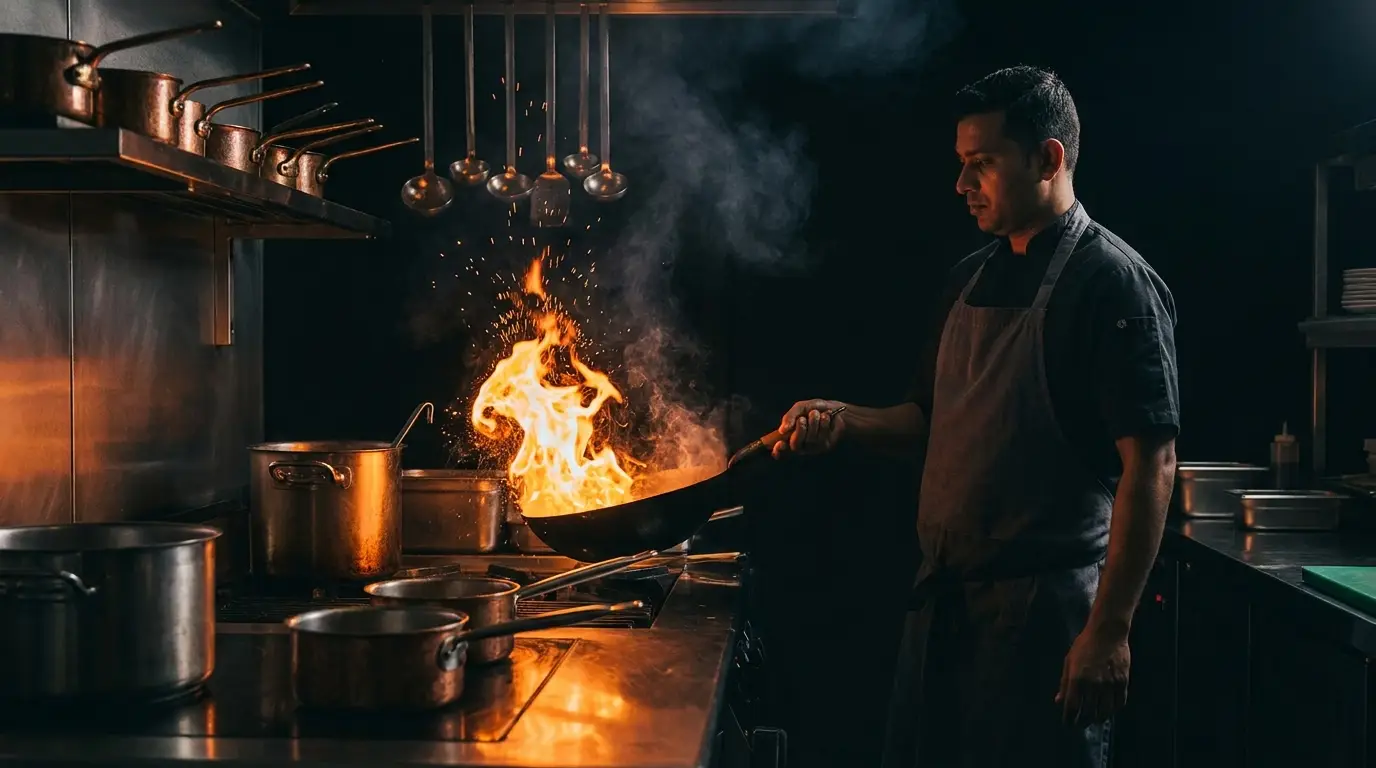 Restaurant SEO services in India — chef tossing a flaming wok in a dark Indian restaurant kitchen