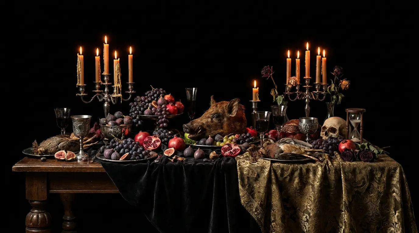 Gluttony — local SEO and Google Maps: opulent candlelit banquet table in deep shadow