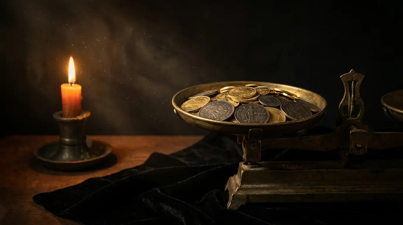 Greed — conversion rate optimisation: brass scale overflowing with gold coins on black velvet