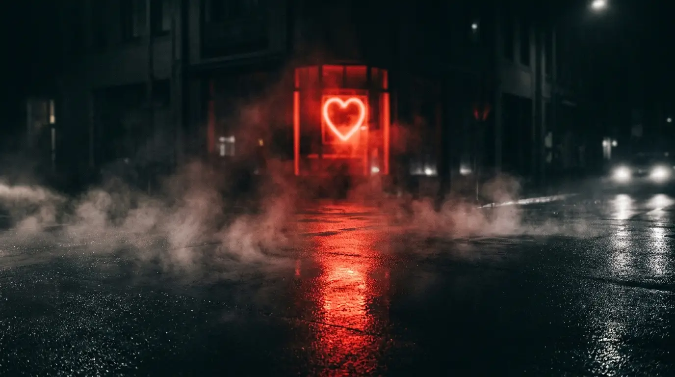 Lust — content and social: red neon heart reflected on a wet black street