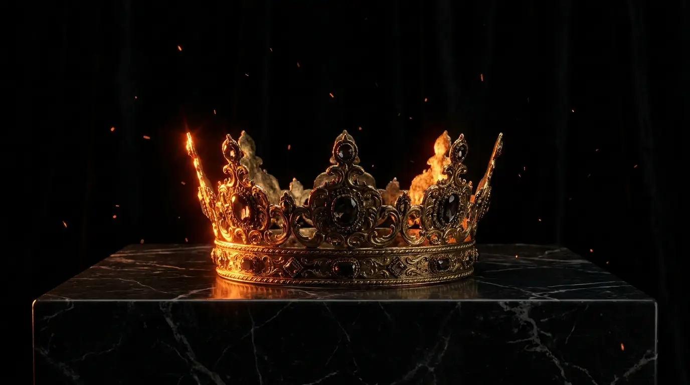 Pride — brand building: ornate golden crown on black marble in ember light