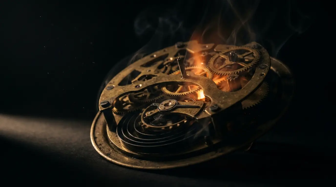 Sloth — automation: brass clockwork gears turning themselves with an ember glow