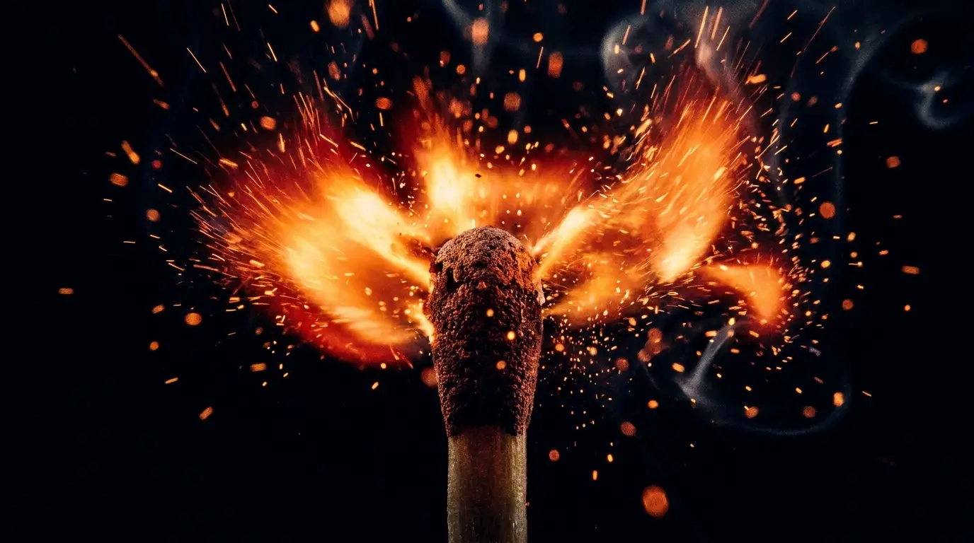 Wrath — paid ads: a match igniting into a violent flame burst on black
