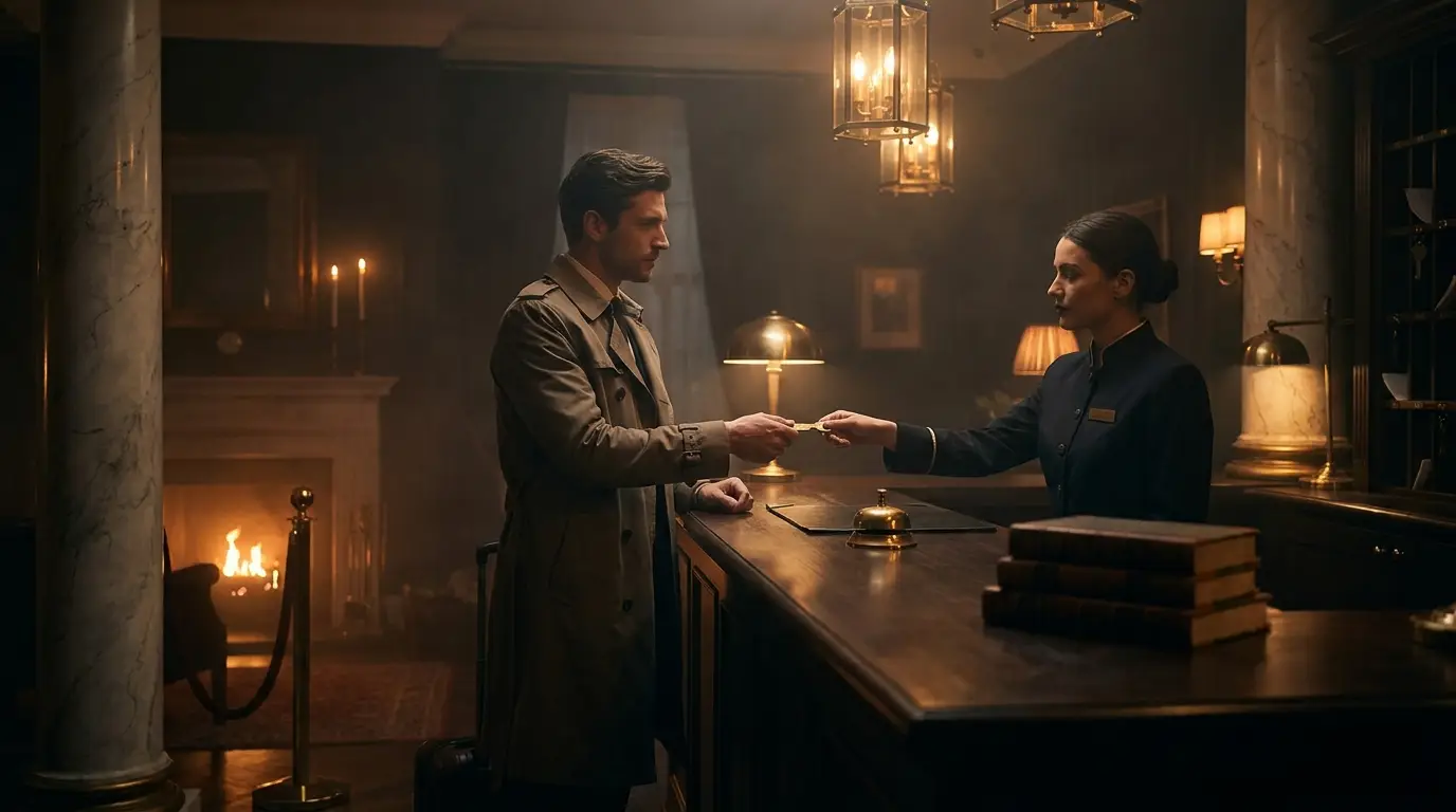 Guest checking in at a boutique hotel reception at night — a direct booking, no OTA commission