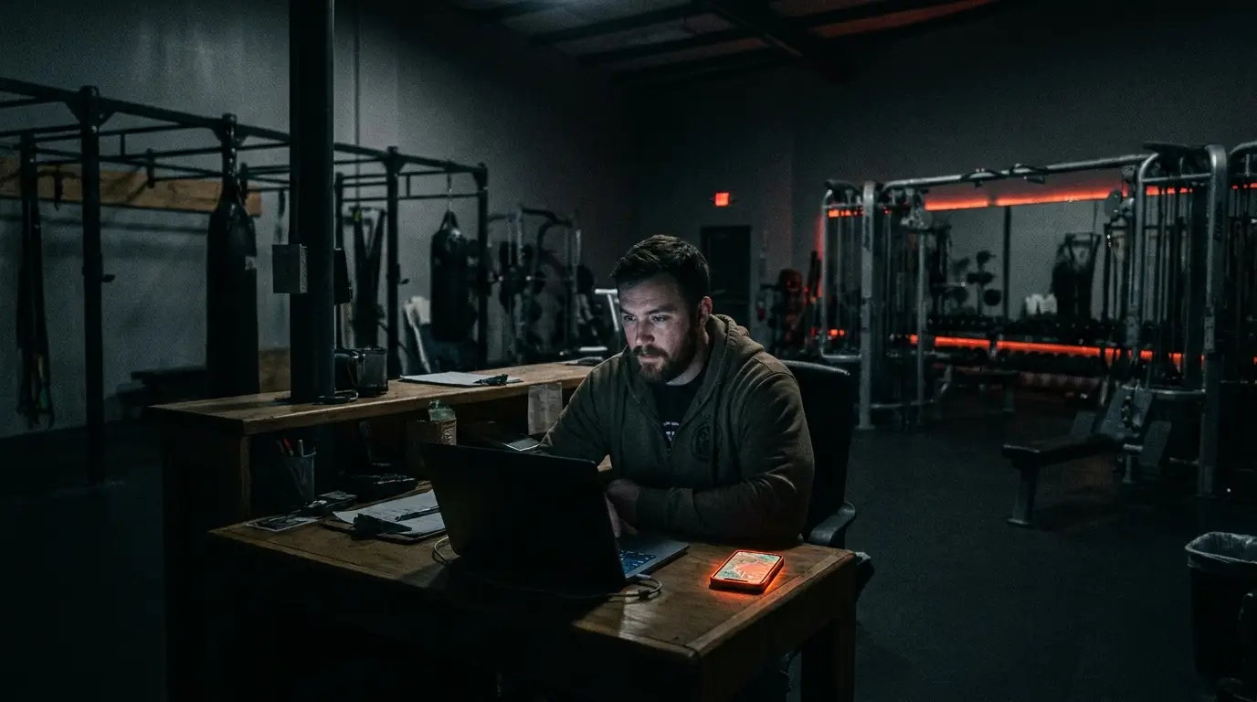 Gym owner working on local SEO at the front desk of a dark gym late at night