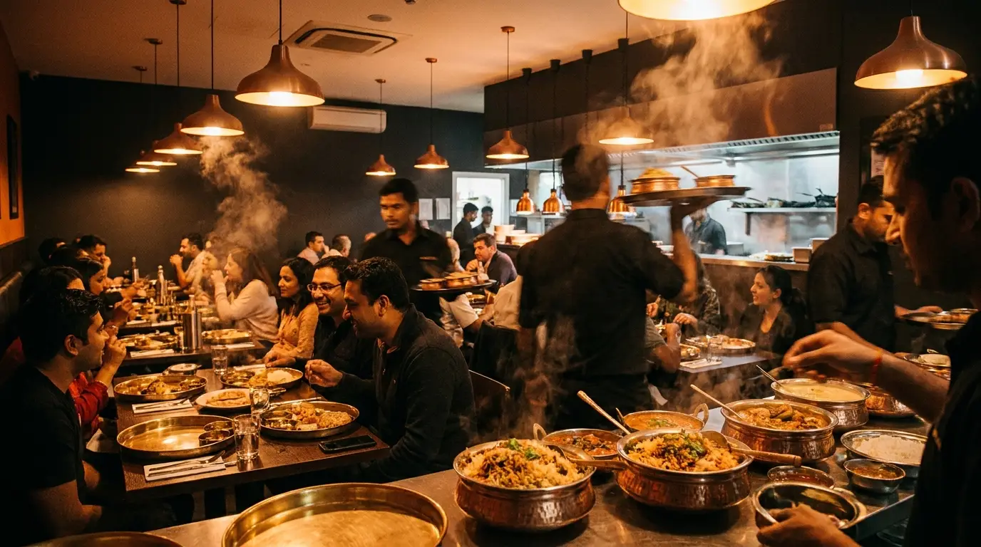 Bustling Indian restaurant interior at night with every table full — what winning the map pack looks like